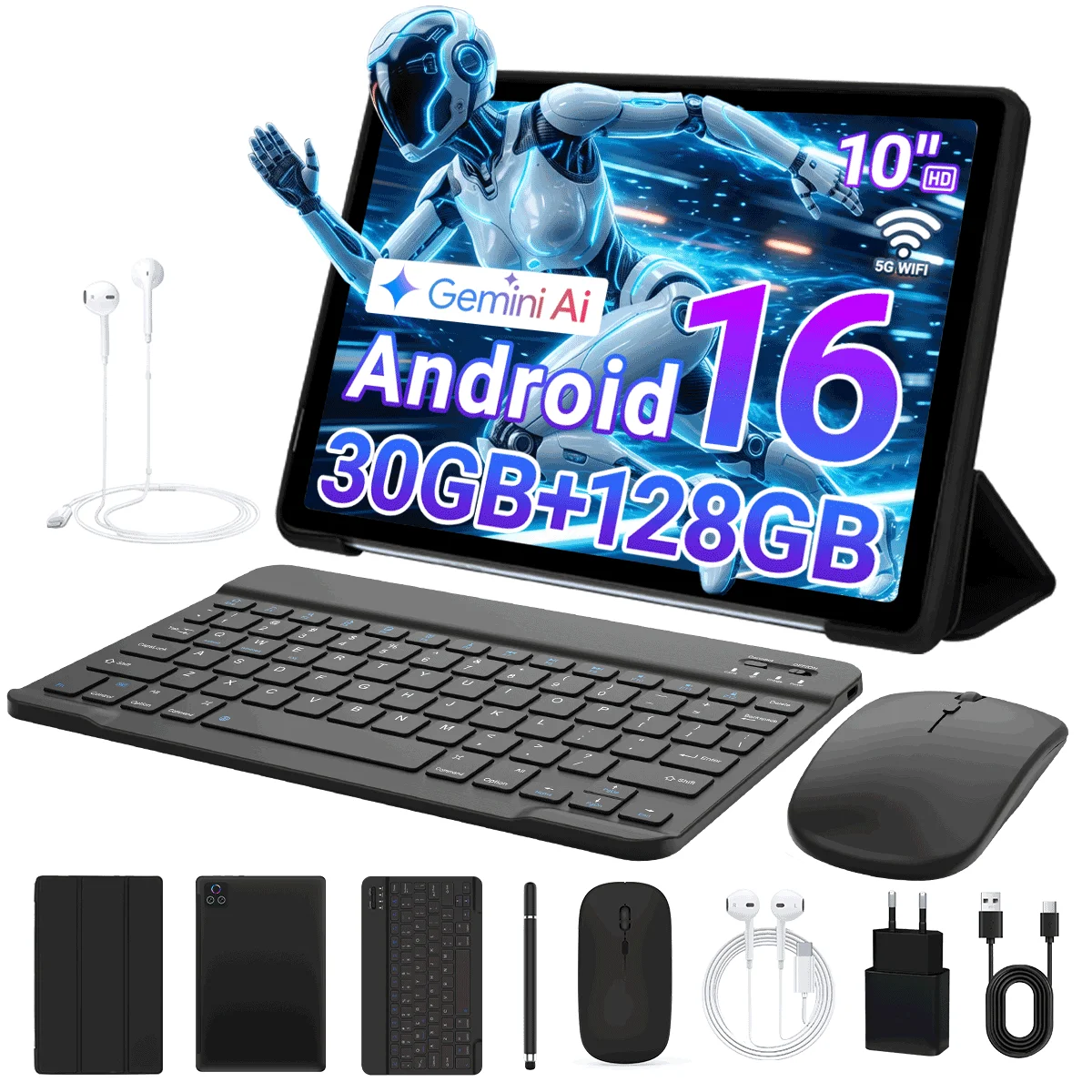 URAO X109 10.1'' Android 16 Tablet 30GB RAM 128GB ROM WiFi Tablet 800x1280 LCD Display Dual Camera 5MP 8MP Lightweight Design