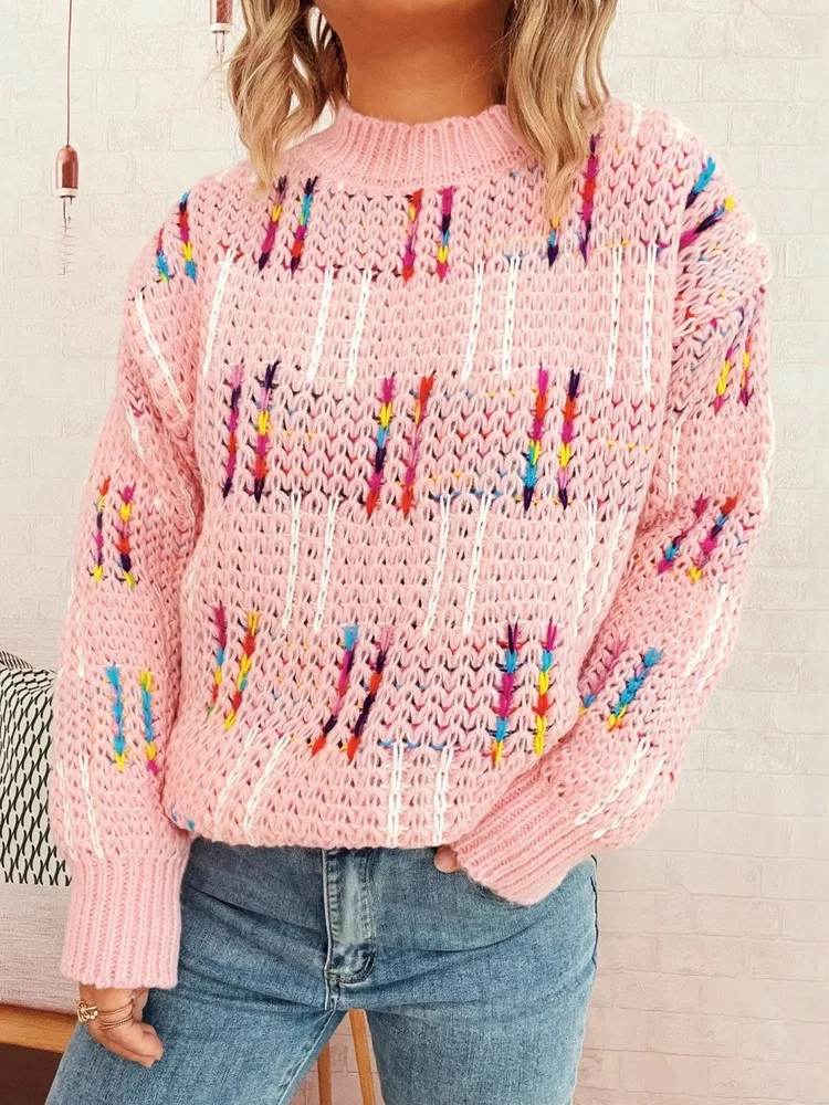 

Новинка 2025 года, женские красочные полосатые свитера с цветными блоками, женские модные вязаные пуловеры с длинными рукавами и круглым вырезом, повседневные джемперы