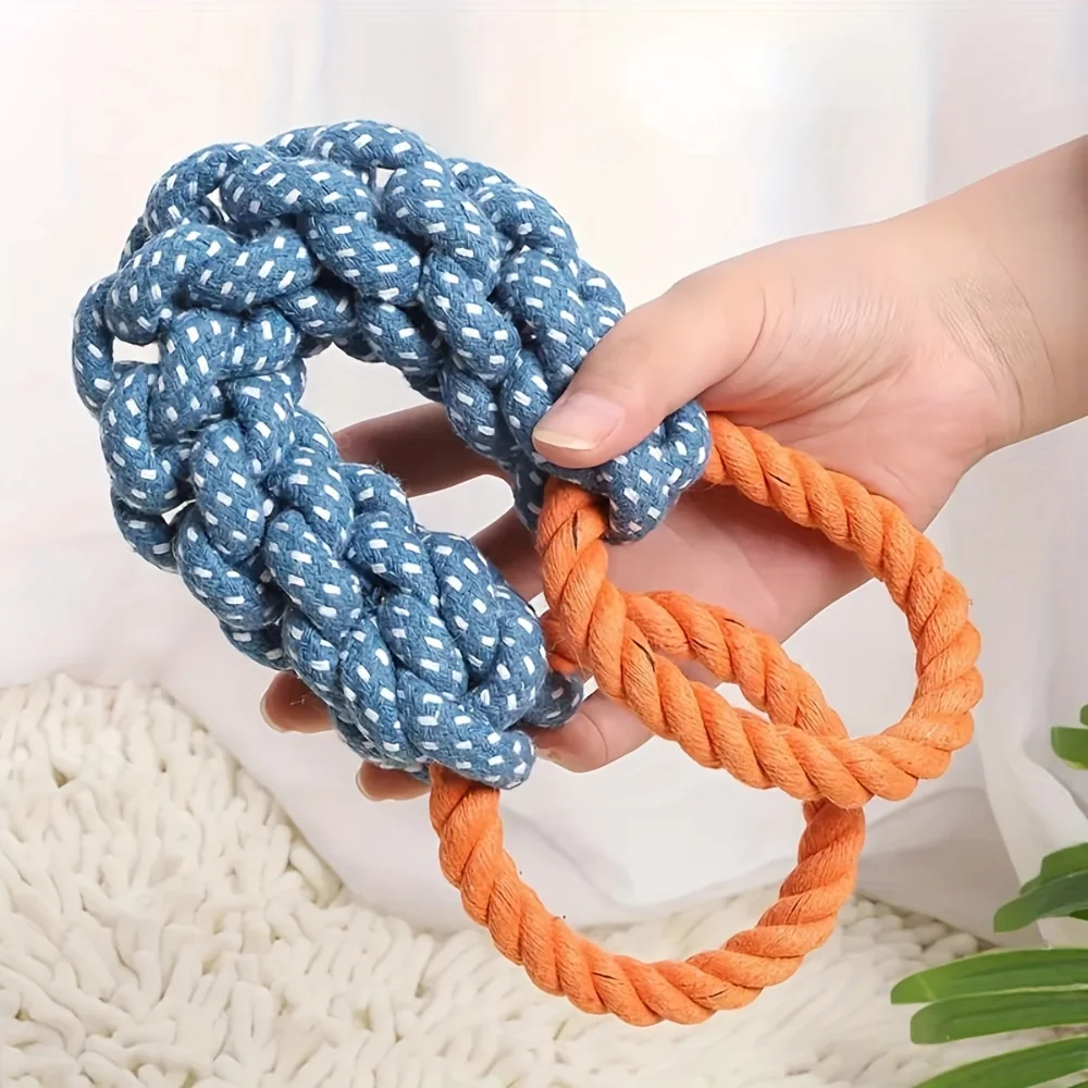 Durable Double-Ring Cotton Blend Dog Rope Toy - Bite-Resistant, Interactive Tug Play For Medium To Large Breeds