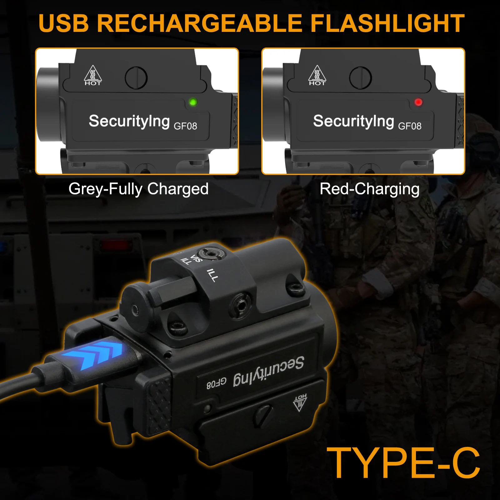 SecurityIng GF08 800 Lumens TypeC USB Rechargeable Adjustable 20-21mm Width Picatinny Rail Flashlight Fit for MIL-STD-1913 Rails