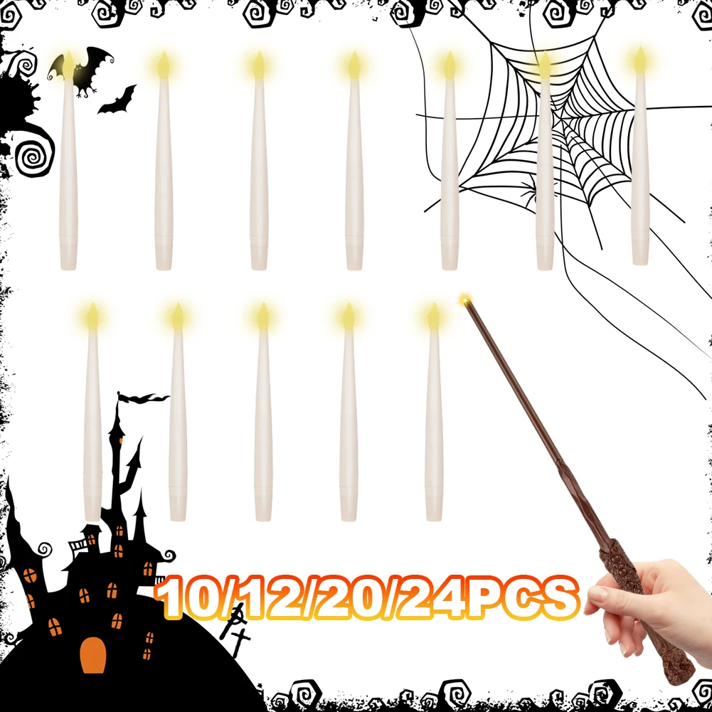 Flickering Warm Light with Wand LED Flameless Taper Candle Handheld Candlestick Flameless Floating Light Party Halloween Decor