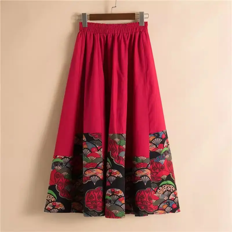 Skirt Women's Summer Cotton And Linen Ethnic Style 2024 New Fashion Retro Printed Patchwork Dance Skirt Mujer Faldas K1830