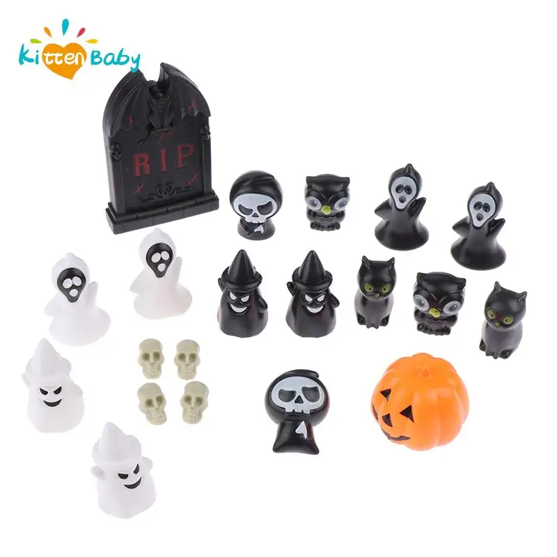 1:12 Dollhouse Miniature Halloween Horror Toy Set Bat Skull Head Broom Spider Pumpkin Head Magic Book Ornament DIY Festival Deco