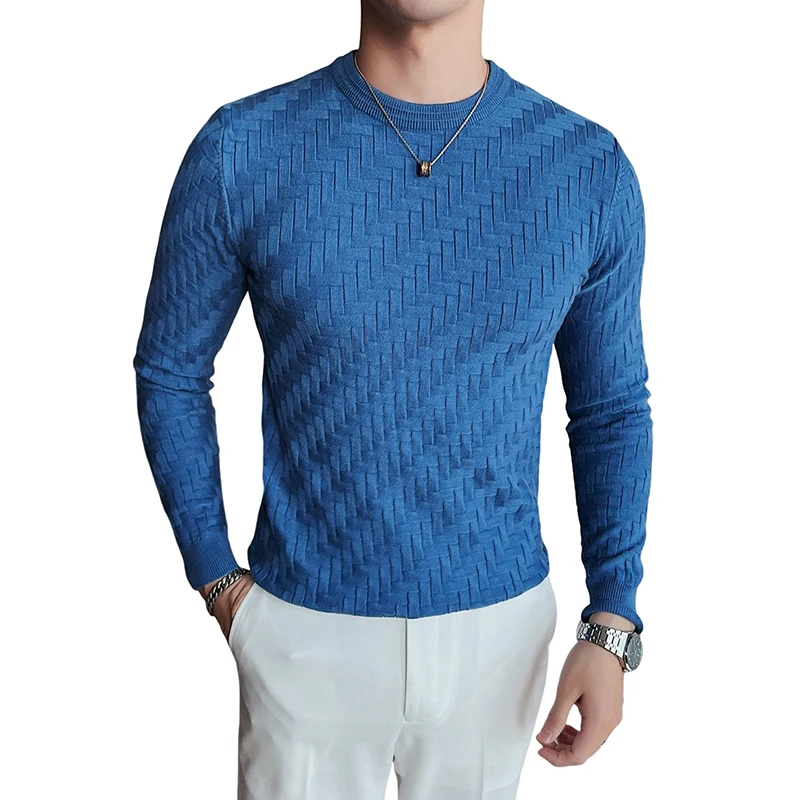 

2023 Stretchable Jacquard Woven Winter Crew Neck Sweater Men's Slim Fit Pullover Knitwear Blue, Fashionable Check Pattern