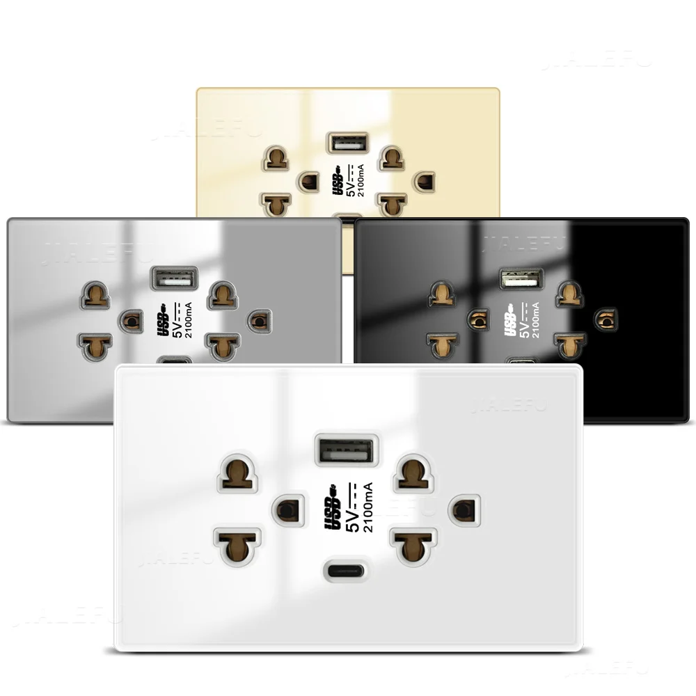 

Tempered Glass Connected Panel Thai Standard C-type Socket 124*76mm Wall Socket White Gray Black Gold Four Colors Optional