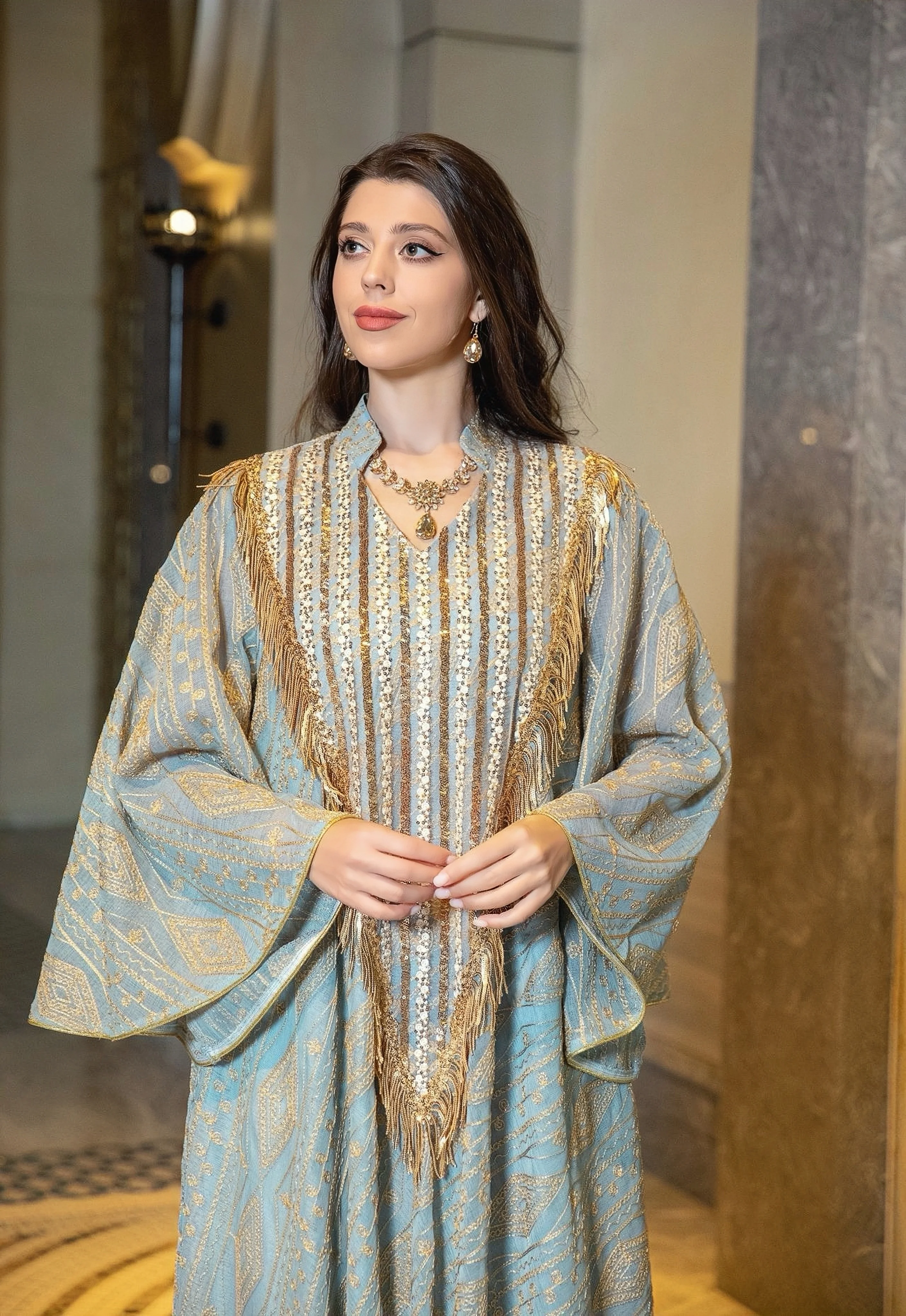 

2025 Hot Sell Dubai Trendy Arabian Muslim Abaya Light Green with Glamorous Gold Embroidery for Modern Islamic Cultural Events