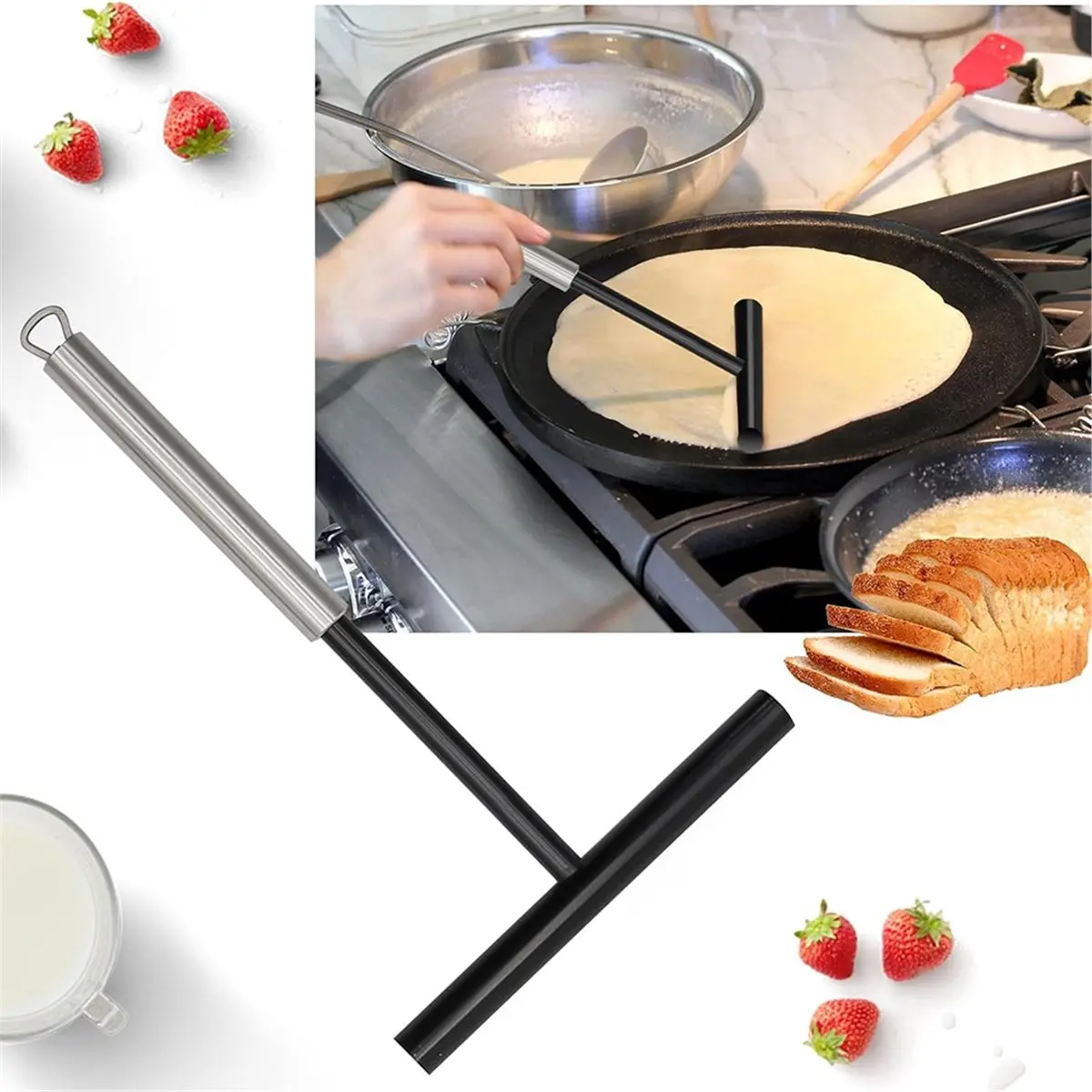 3pcs Crepe Spreader and Spatula Set Stainless Steel Crepe Pan Batter Spreader Spatula Cake Turner Kitchen Utensils