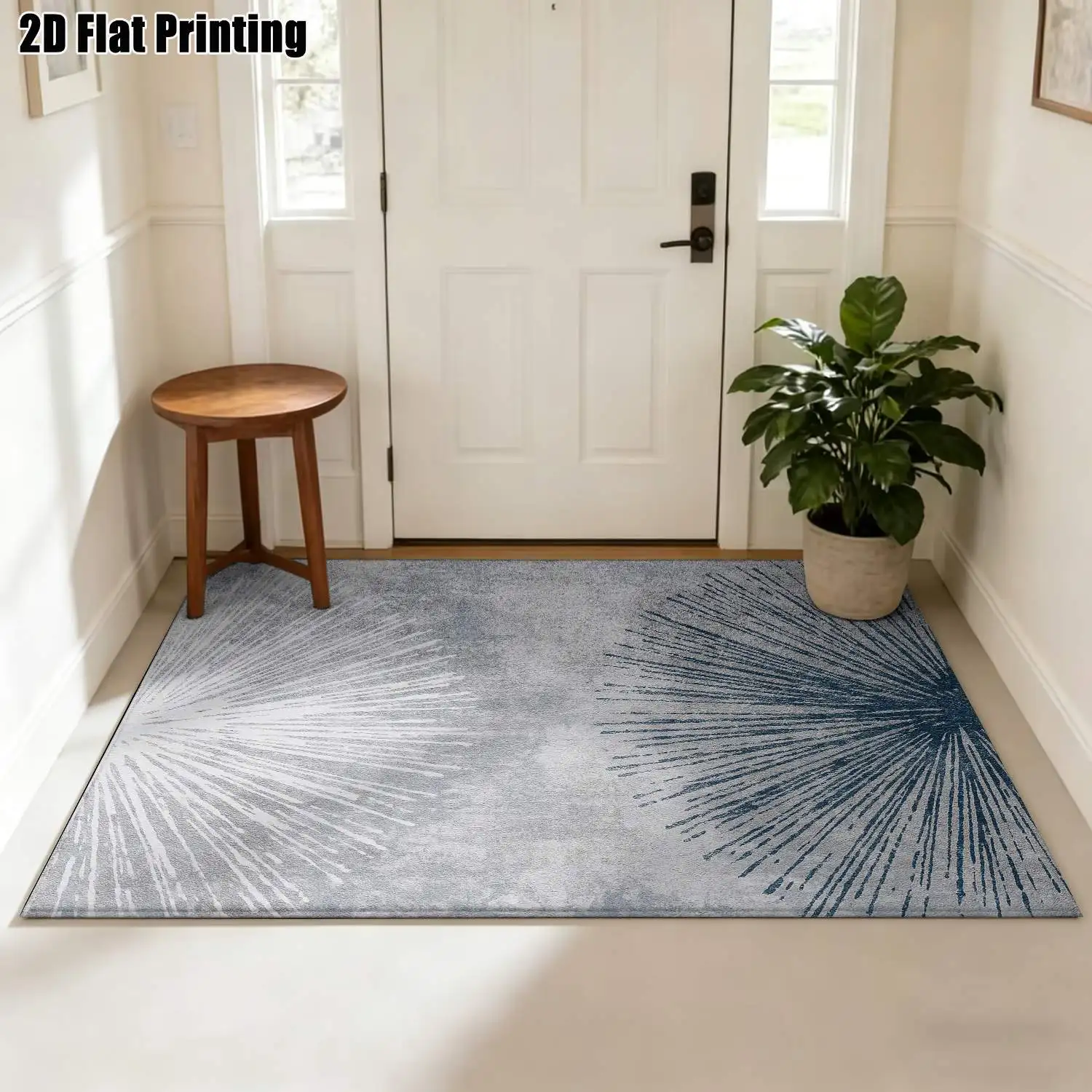 1Pc 2D Printed Carpet: Blue-White Abstract Radial Nordic Modern Minimalist Geometric Instagram Style, Home Decor, Multi-Size, Machine Washable, for Entrance, Dining Room, Foyer, Bedroom, Living Room