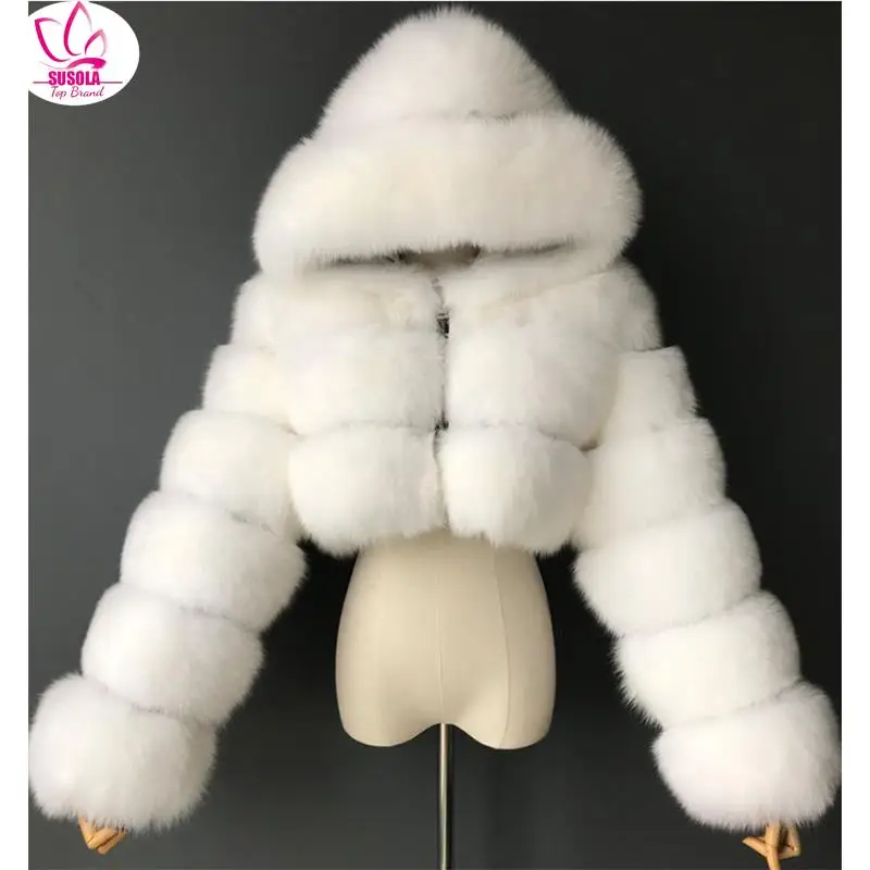 SUSOLA High Quality Furry Cropped Faux Fur Coats And Jackets Women Fluffy Top Coat With Hooded Winter Fur Jacket Manteau Femme