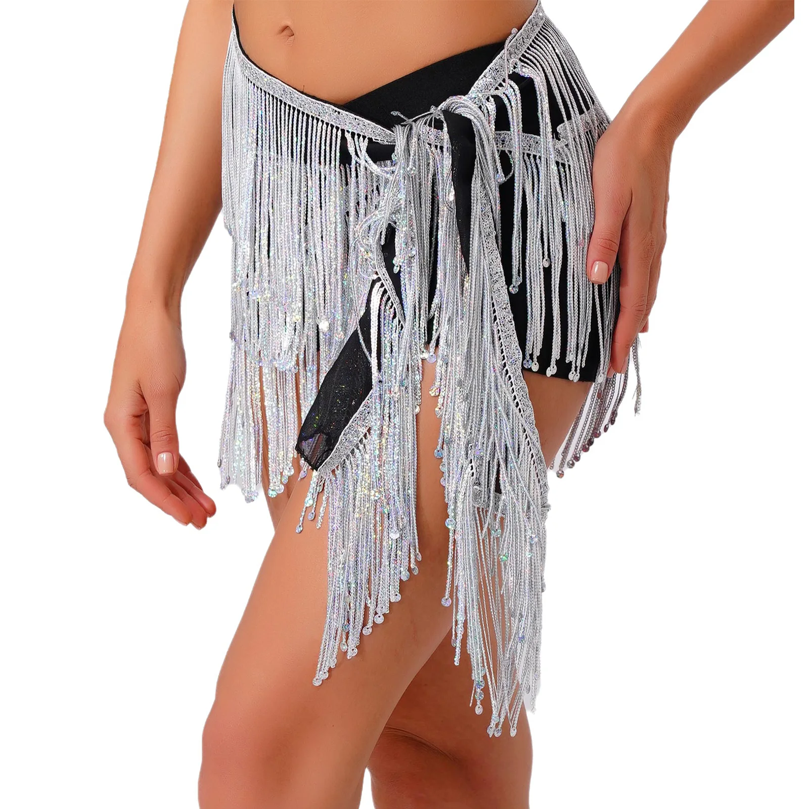 Sciarpa dell'anca di danza del ventre con paillettes scintillanti da donna sexy Sciarpa con nappa lucida con frange Gonna a catena in vita con lacci Danza popolare Costume da ballo latino