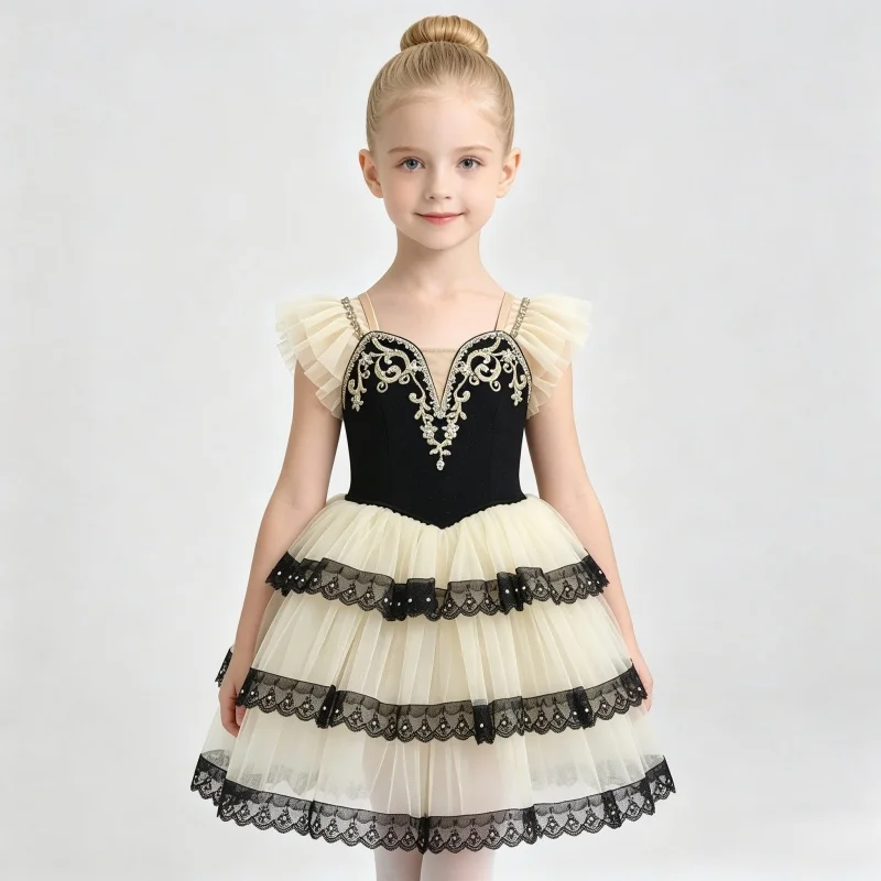 Kids black apricot off-shoulder golden line pattern embroidered ballet tutu dress multi-layer black lace edged dance skirt for b