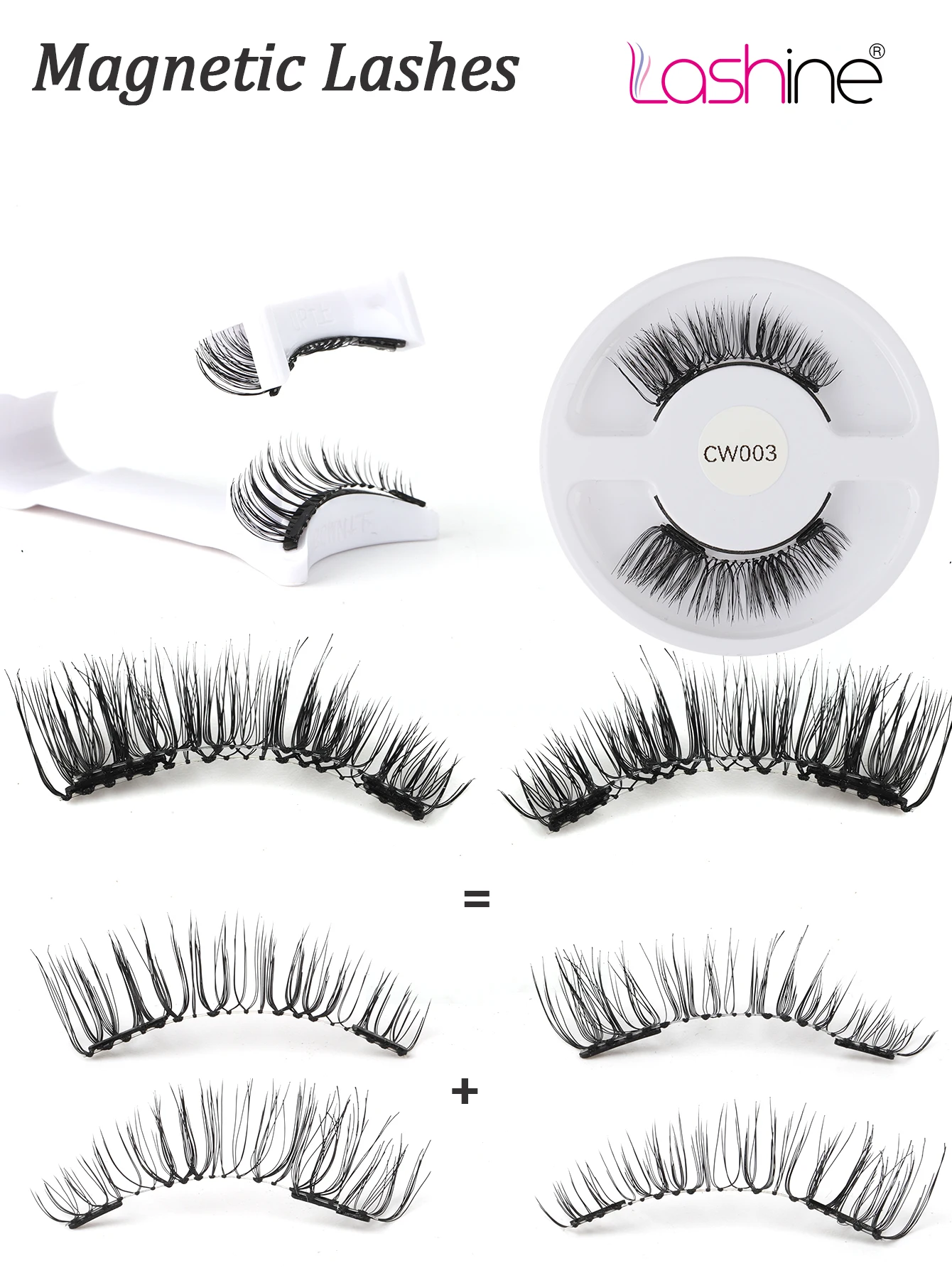 Lashine 1 Pair Magnetic Eyelashes Set Handmade Natural Curl False Eyelash with Tweezer Makeup Tools Magnetic Lashes for Sale