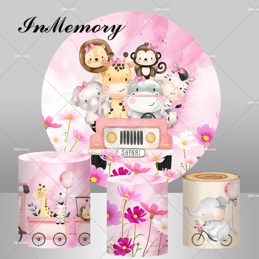 Pink Girls Safari Jungle Birthday Party Round Backdrop Cartoon Driving Animals Car Baby Shower Circle Background Cylinder Covers