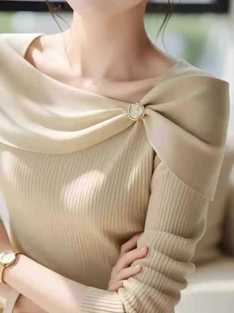 

Brand Outlet Adjustable Fine iny One-oulder Knitted Base irt with Knot for Women Autumn Season Ladies Faion