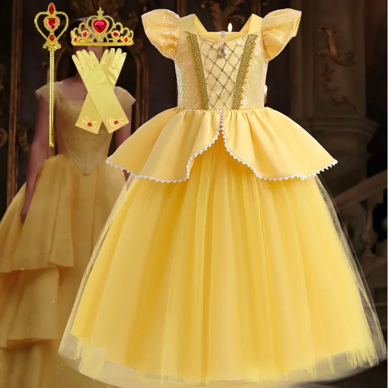 Children Princess Costume Halloween Beauty and The Beast Cospaly Bella Dress Kids Sequin Mesh Prom Gown Birthday Party Outfit