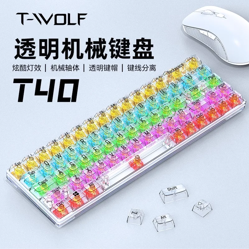 T40 Transparent Mechanical Keyboard Custom Crystal Switch Colored Light 68key Type-c Gaming Esports Wired Keyboards Girl's Gift