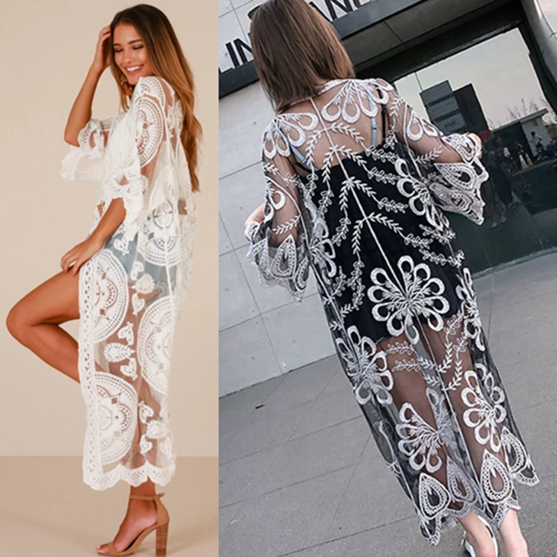 Mùa hè Phơi Ngoài Nắng Không Phai Cardigan Kimono Thời Trang Phụ Nữ Ren Bikini Bìa Up Phụ Nữ Blouse Áo Dài Lưới Khăn Choàng Outwear Blusas feminina