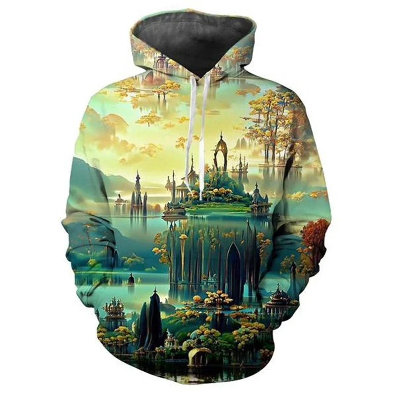 Men's Women's Fantasy Castle Graphic Hoodies 3D Print Beautiful Scenery Pattern Couple Hooded Clothes Autumn Fashion Casual Tops