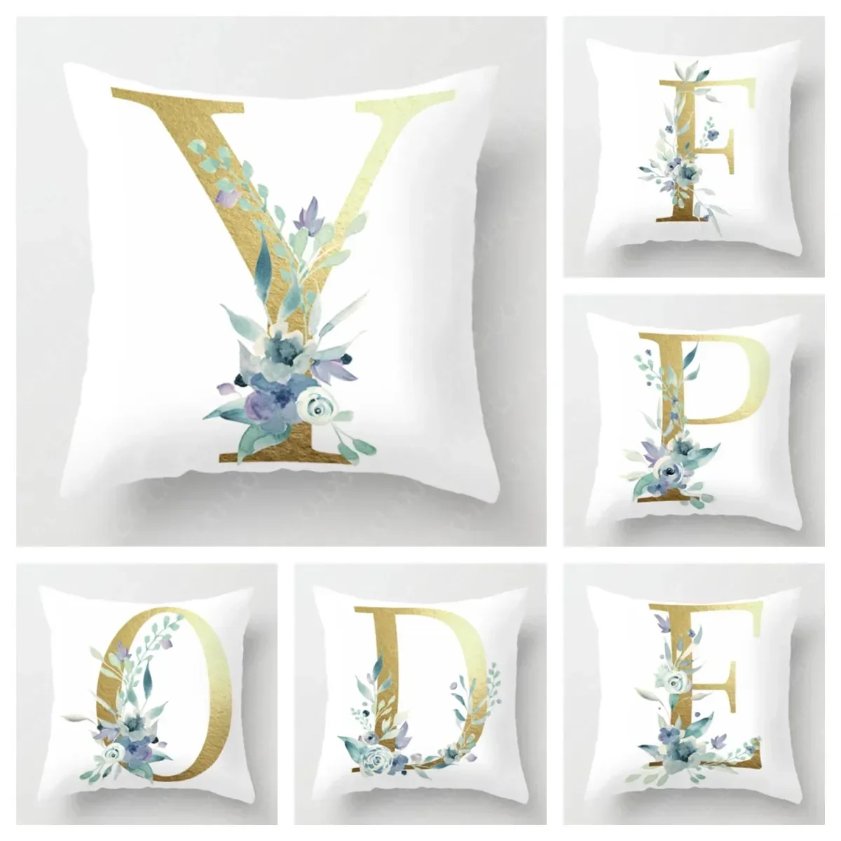 Blue watercolor flower gold 26 letter cushion cover letter pillowcase square pillowcase suitable for bedroom bed living roomsofa