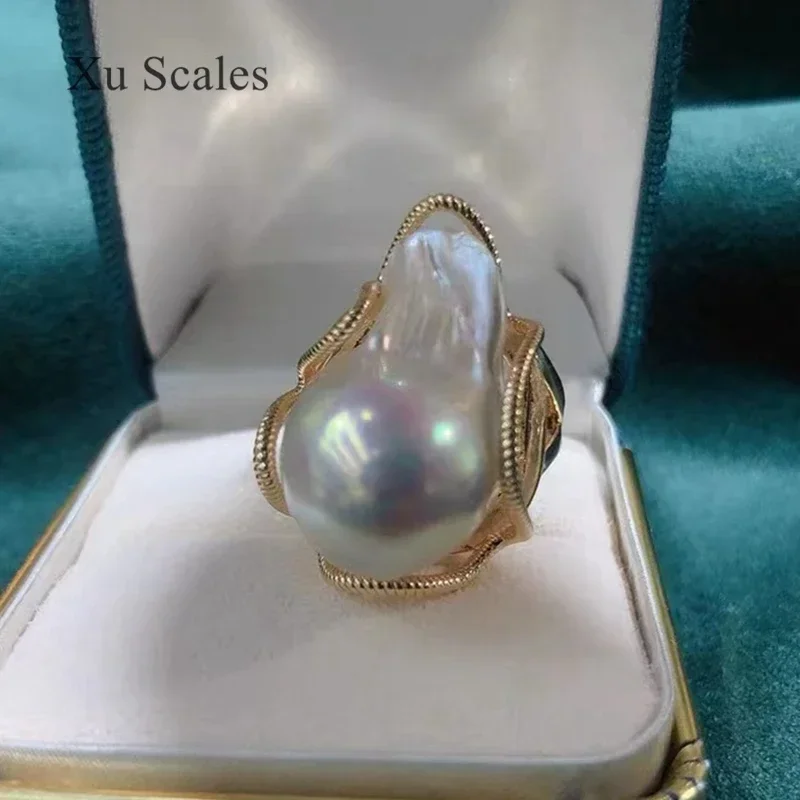 Natural Glare Aurora White Special-shaped Irregular Large Baroque Pearl Ring Retro Palace Style S925 Sterling Silver Adjustable