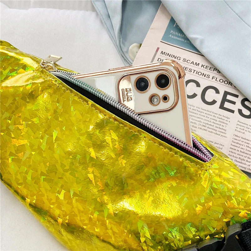 Sequin Waist Bag Holographic Laser Glass Shard Fanny Pack PU Cross-Body Pocket Closure Coin Purse Women Girl Bum Belt Chest Bag