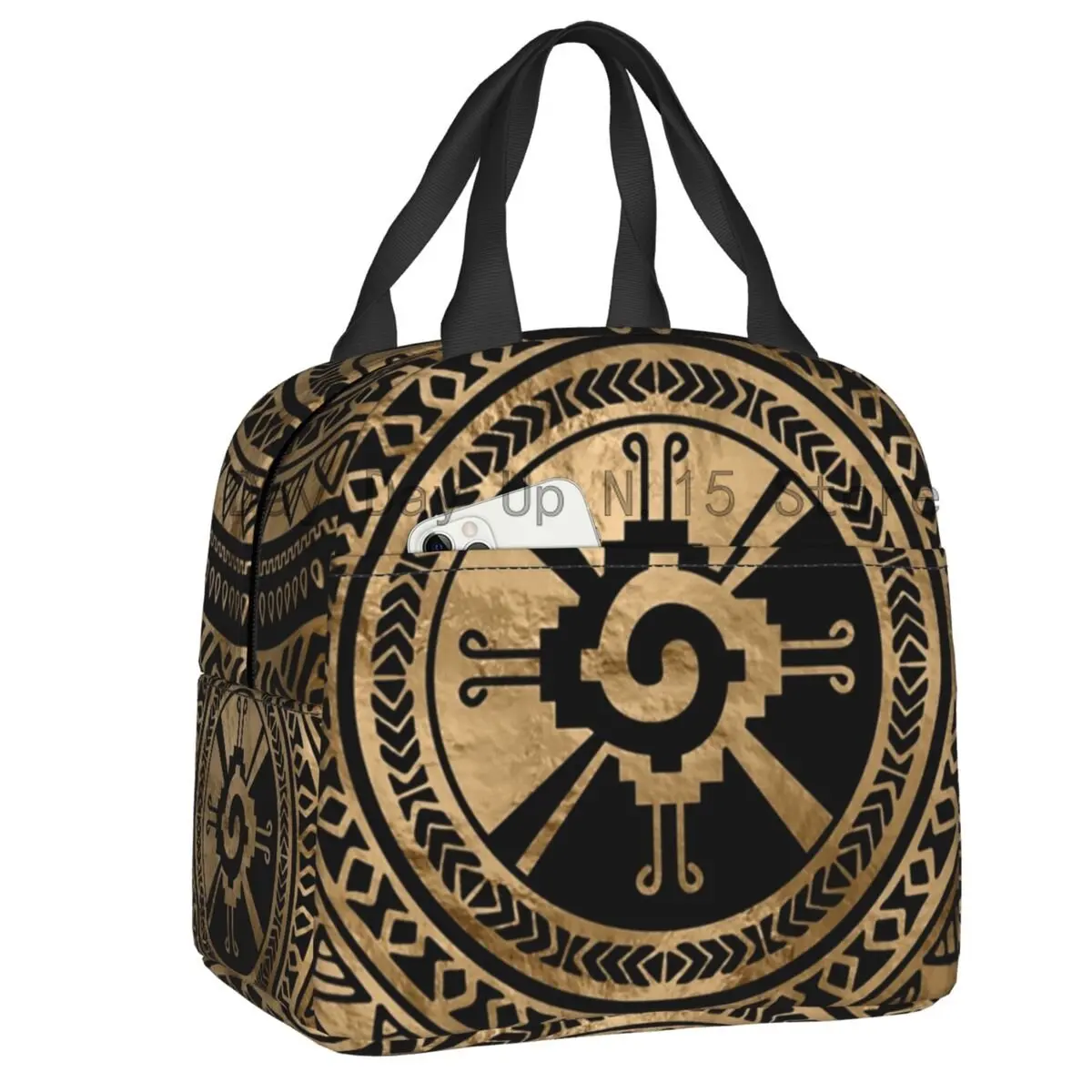 Hunab Ku Mayan Symbol Black And Gold Portable Lunch Box for Women Multifunction Cooler Thermal Food Insulated Lunch Bag