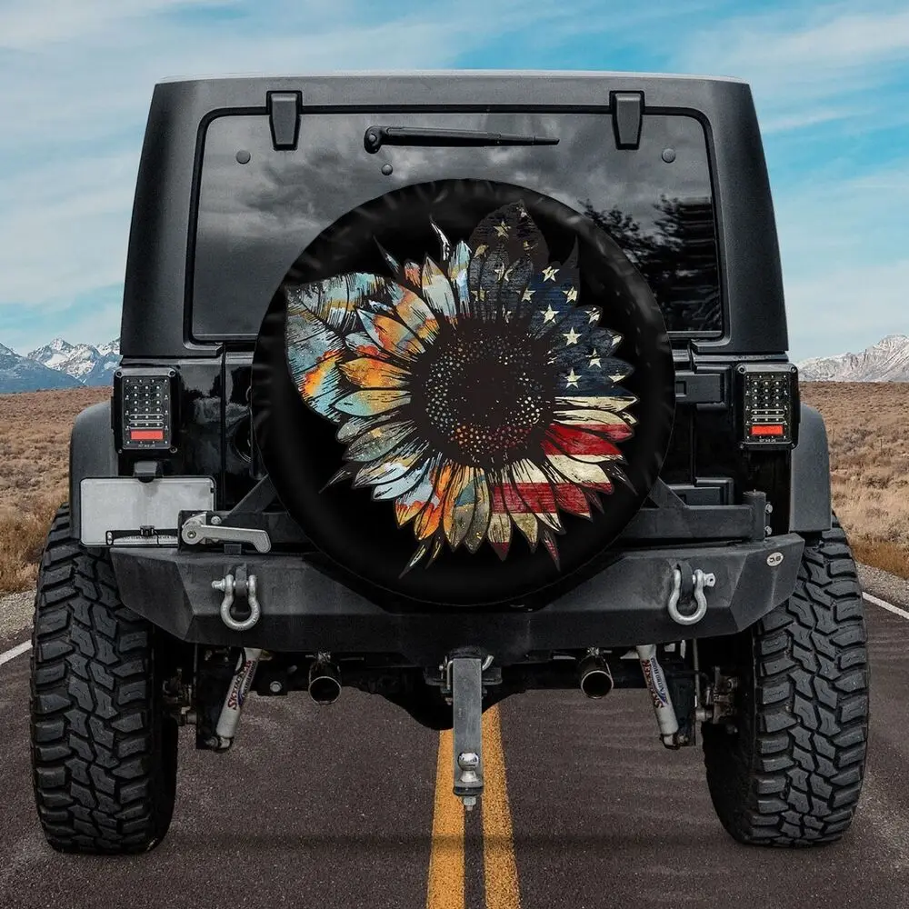 

American Flag Sunflower Spare Tire Cover Car Accessories Halloween Gift