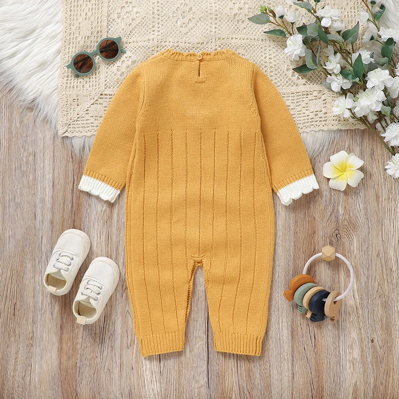 Infant Baby Boy Girl Romper Solid Yellow Round Neck Full Sleeve Newborn Playsuits Overalls Autumn Winter Children Casual Outfits