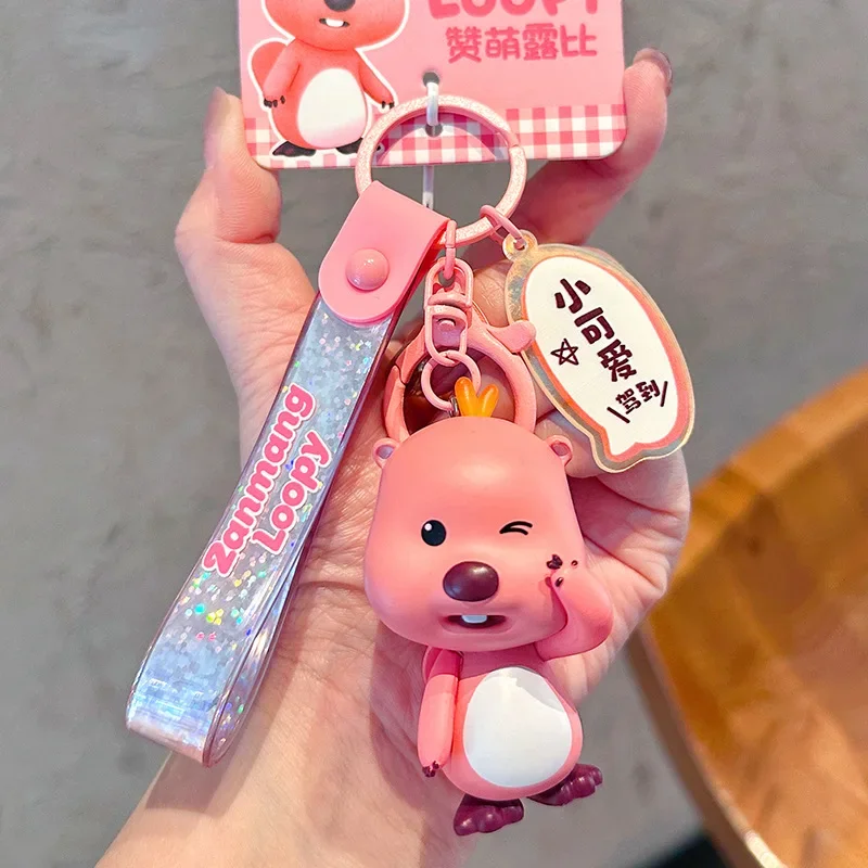 Creative Loopy Cartoon Ring Doll car Keychain Cute game toy Little Beaver Kawaii backpack pendant accessory gift