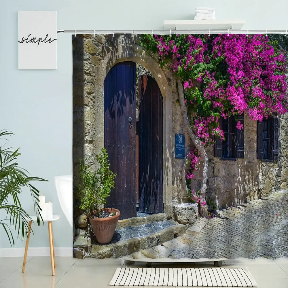 Greece Street View Shower Curtain Village Town Old Stone Brick Wall Green Plant Flowers Scenery Bathroom Decor Waterproof Screen