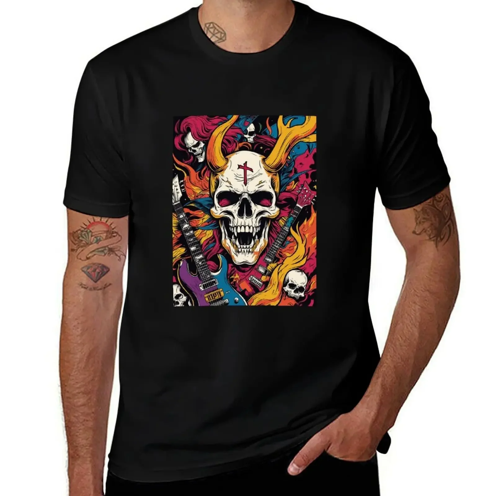 

Rocker's Requiem: A Skull and Guitars Symphony T-Shirt oversize t-shirts man croswit shirt man vintage black t shirts for men