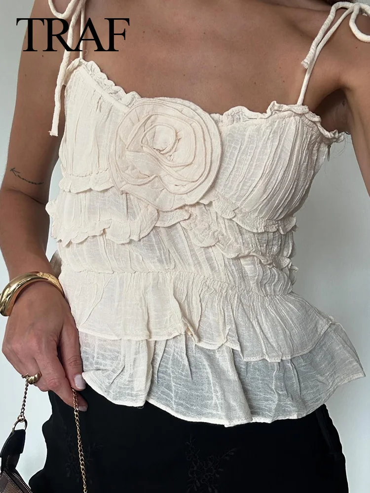 TRAF 2024 Summer Women Camis Solid Flower Decoration Ruffled Short Tops Woman Sweet Chic Lace Up Elegant Pleated Female Top Y2K