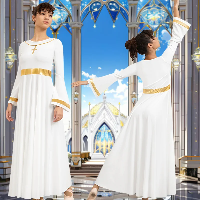 Abito da ballo moderno da donna a maniche lunghe, vestibilità ampia, lunghezza intera, per culto adulto, abito da ballo liturgico in costume metallico