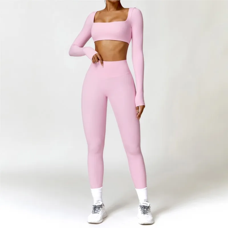 Chándal para mujer, conjunto de Yoga, ropa deportiva de 2 uds., ropa de entrenamiento, ropa atlética, Legging para gimnasio, sujetador de Fitness, Top corto, trajes deportivos de manga larga