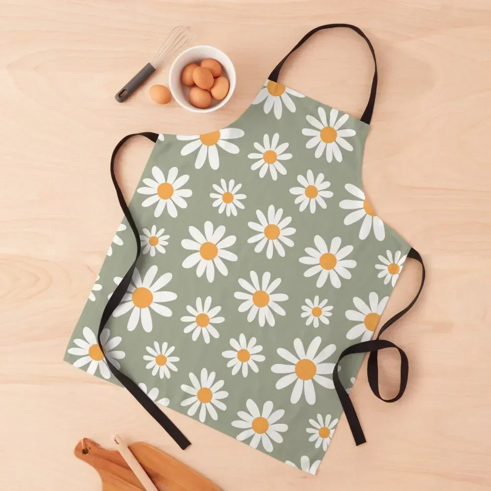 Spring daisies floral retro pattern on sage green Apron home women cookings for women Kitchen Front For Cooking Apron