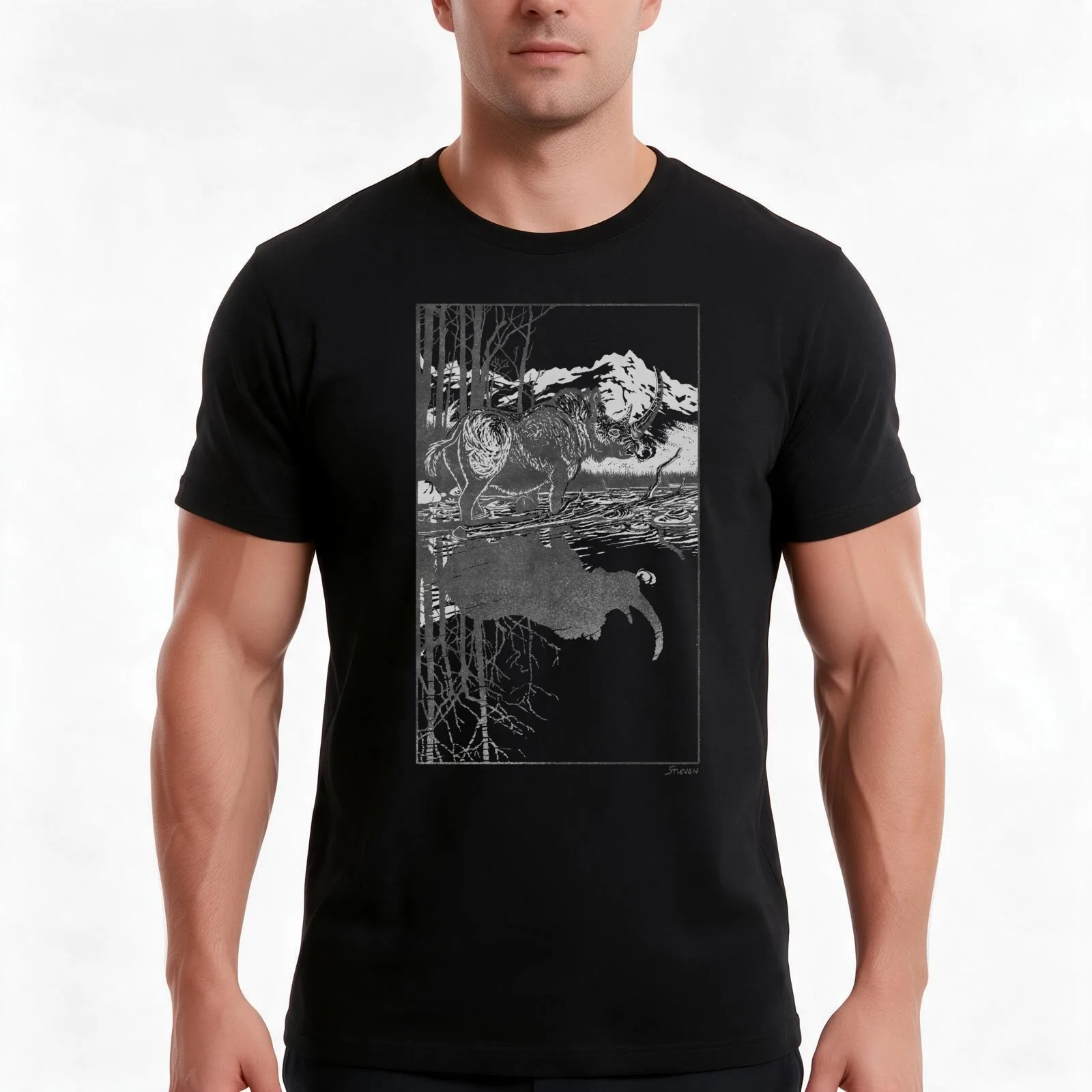 Woolly Rhino B&W T-Shirt, Summer Casual Cotton Tee, Oversized Streetwear Tops, Vintage Graphic Print, Loose Fit Short Sleeve