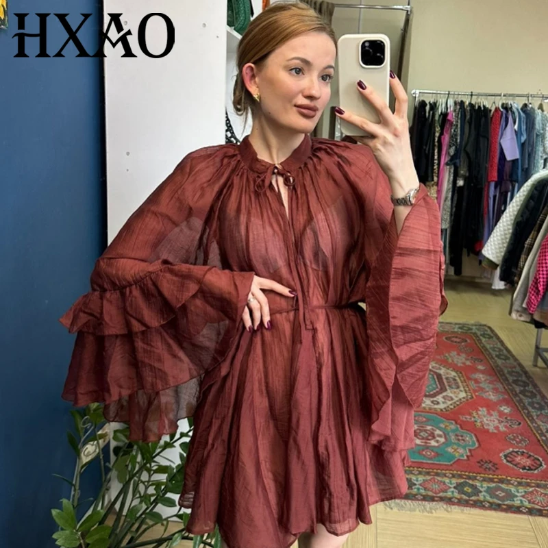 Hxao babados vestidos curtos vestido feminino outono rendas em camadas vestido de uma peça mini laranja manga longa vestidos de noite