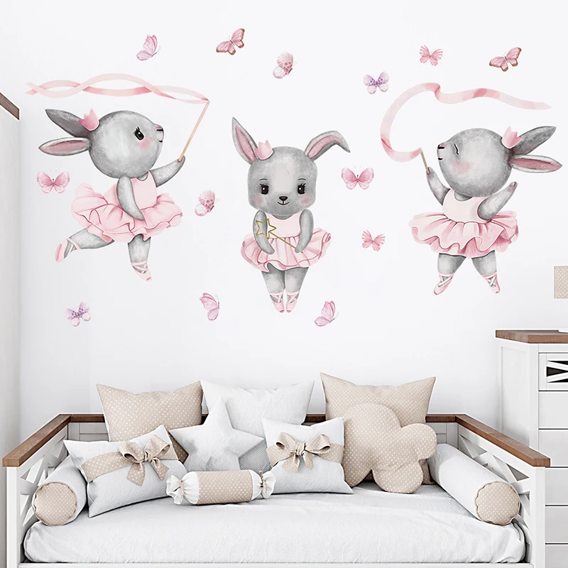 Hand-paint Ballet Bunny Rabbit Dancer Cute Animals Wall Stickers for Baby Nursery Room Girl Room Wall Decals Home Decorative pvc