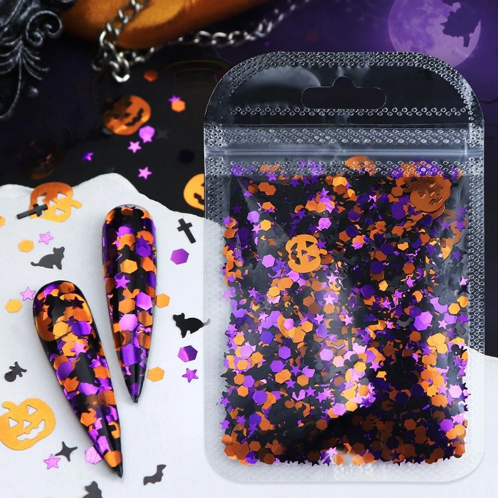 Gemischtes Halloween-Konfetti mit Pailletten, Kürbis-, Fledermaus- und Stern-Glitzer, 10/20g Beutel, DIY Nagelkunst-Deko, Epoxidharz-Shaker-Füllstoff für Feiertagspartys – Detail 3