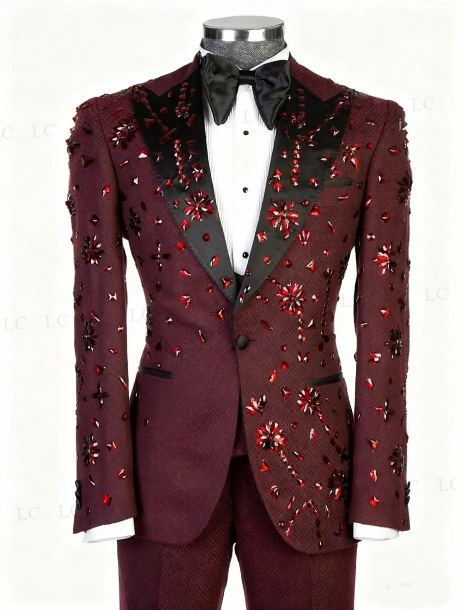Blazer+Vest+Pants 3 Pieces Men Suits One Button Sheer Lapel Custom Diamonds Beadings Formal Prom Wedding Groom Uniform Tailored
