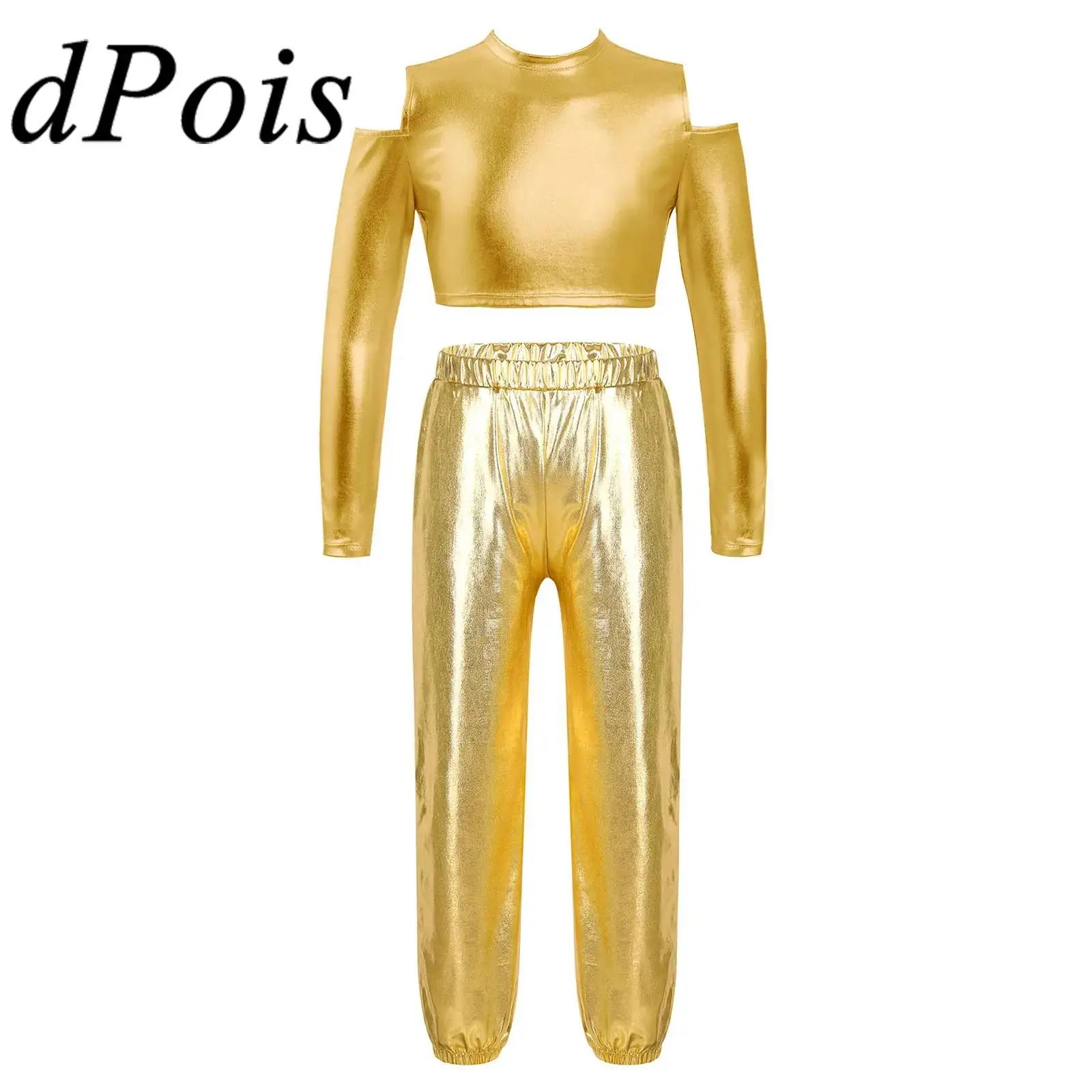 

Kids Girls Jazz Dance Outfit Fashion Children Hiphop Clothes Sets Long Sleeves Glossy Top Metallic Pants Two Pieces Dancewear