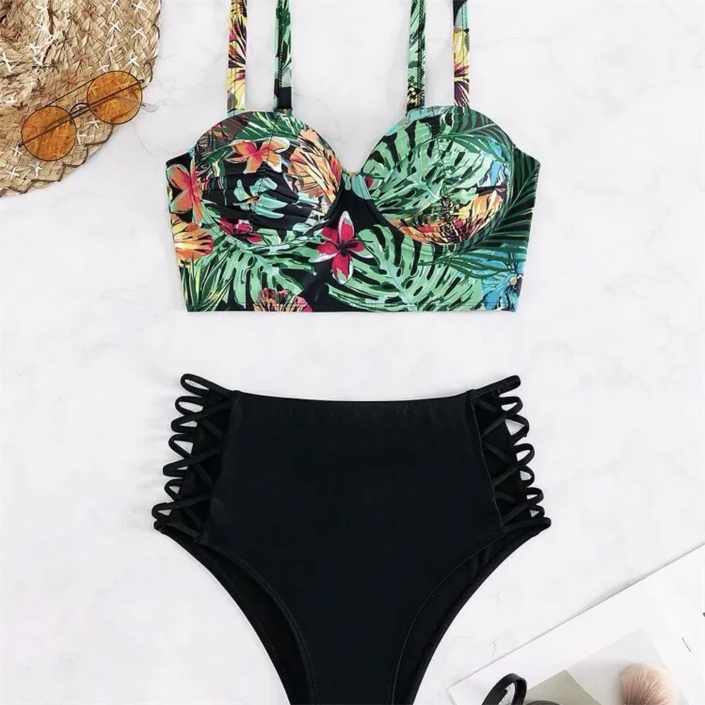 Sexy Push-Up-Bikini mit Blumenmuster, hoher Taille, aushöhlen, Y2K-Urlaubsbadebekleidung, Damen-Tankini, 2-teiliges Strand-Outfit, Badeanzug