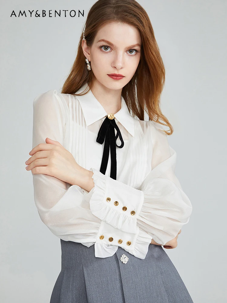 

Pleating Bow Long Sleeve Chiffon Blouse Women French Style Temperament Sweet Bow Thin White Blouses Office Lady Graceful Shirts