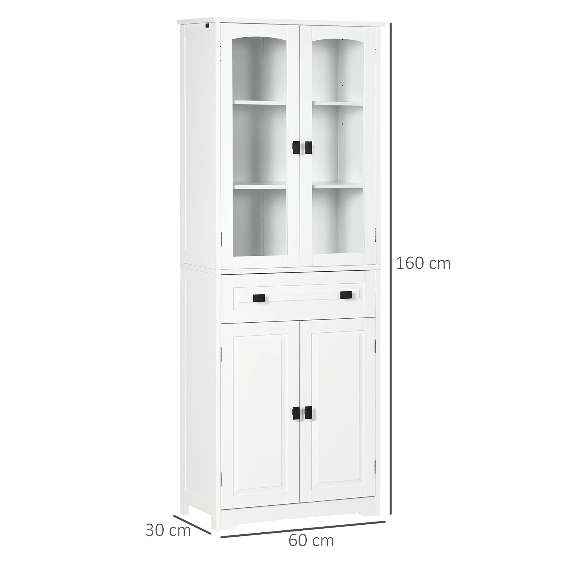 HOMCOM kitchen cupboard with 2 glass doors and drawer 60x30x160 cm White