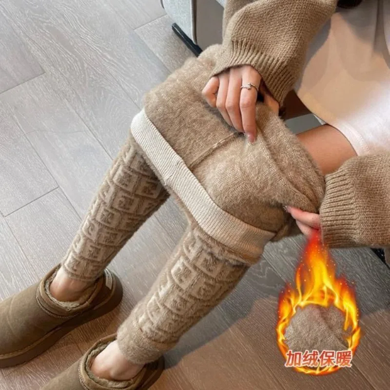Dick gestrickte warme Nerz-Pelz-Leggings, Herbst-Winter, hohe Taille, schlankmachende, elastische, lässige Leggings