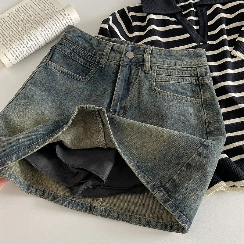 Retro Dark Short A Word Denim Skirt 2024 Spring New Women High Belt  Anti-exposure Short dress