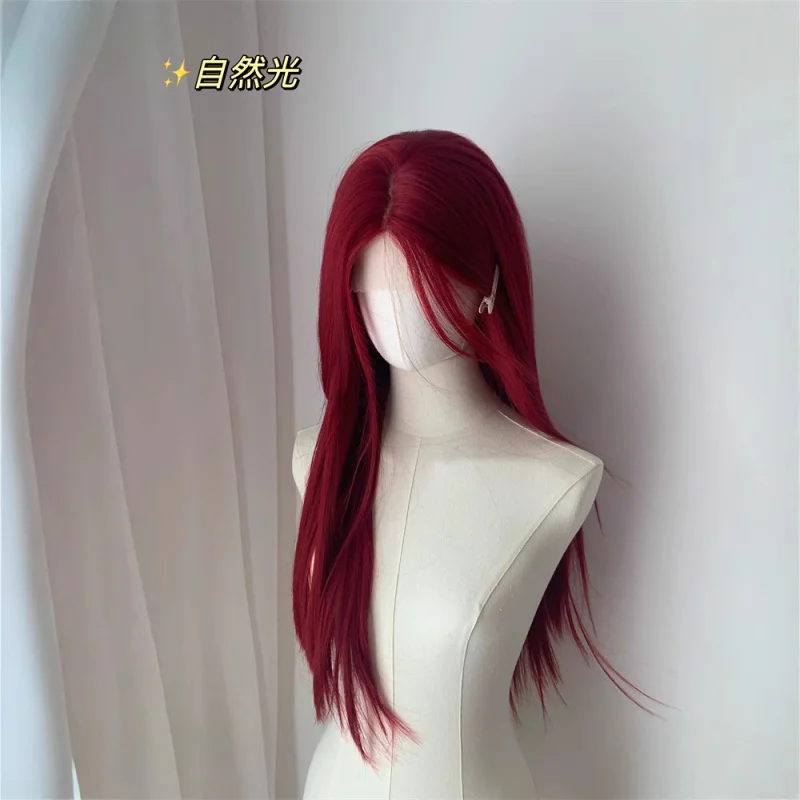 

Nebula Red Wig for Women, Frontal Lace, Middle Parting, Full Head Cover, Waterfall Long Straight Hair with Bangs