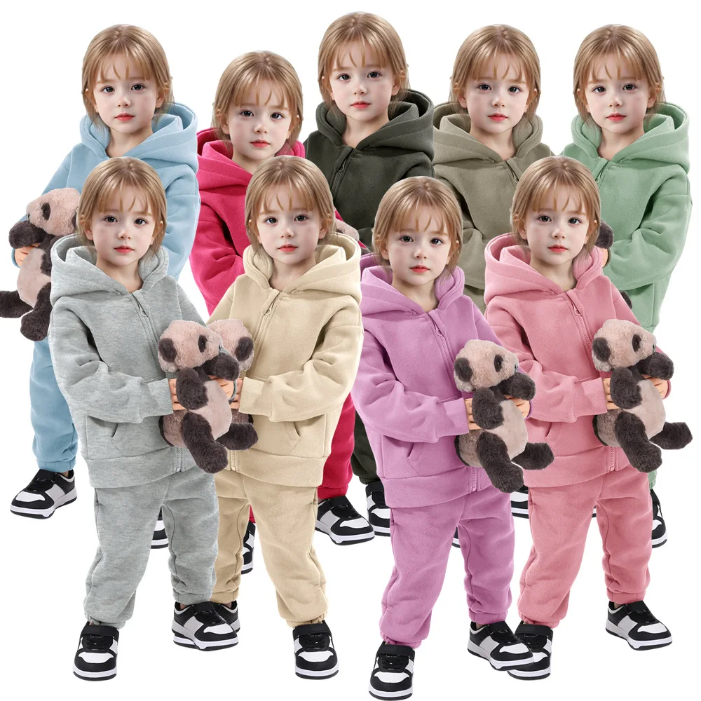 

Children's Fleece Lined Long Sleeve Sweatshirt Set Warm Sportswear Two-Piece Pure Color High Quality Baby Clothes for Boys Girls