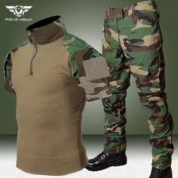 Camo Tactical Sets Men Summer Breathable Short Sleeve Tshirts+Multi-pocket Wear-resistant Straight Pant 2 Pcs Suits Training Set