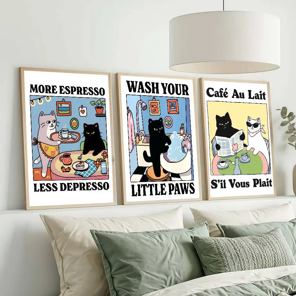 Cute Paws Black Cat More Espresso Less Depresso Posters Dormitory Decorations Bedroom And Living Room Wall Murals Souvenirs